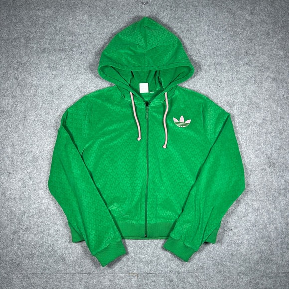 adidas Tops - Adidas Hoodie Womens Large Green Monogram Velour Full Zip Trefoil Logo